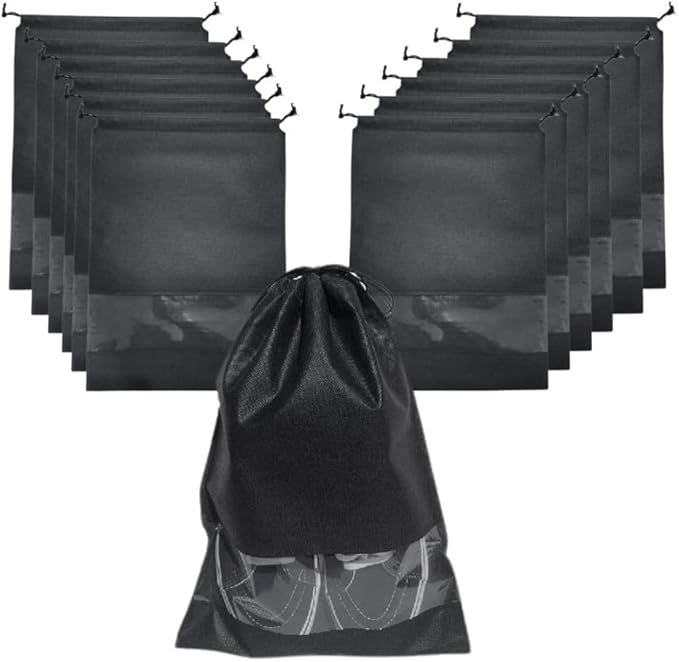 Travel Shoe Bag for Packing in Suitcase, Organizing & Storage (12 Pack) - Reusable Dustproof & Water Resistant Pouch Protectors for Accessories, Laundry & Toys with Clear Window & Drawstrings. (Black)