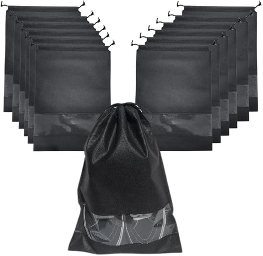 Travel Shoe Bag for Packing in Suitcase, Organizing & Storage (12 Pack) - Reusable Dustproof & Water Resistant Pouch Protectors for Accessories, Laundry & Toys with Clear Window & Drawstrings. (Black)