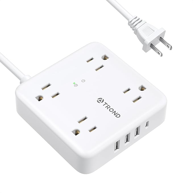 TROND 2 Prong Power Strip: 1440J Surge Protector, 5ft Extension Cord with Multiple AC Outlets & USB Ports, Wall Mount Adapter for Non-Grounded Plug, White
