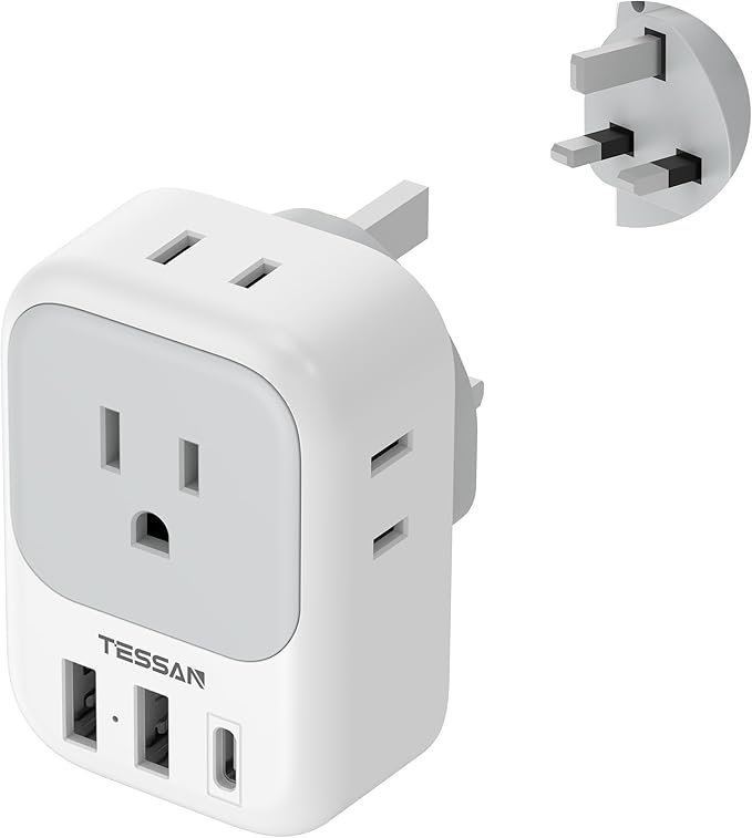 US to UK Plug Adapter, TESSAN Type G Travel Converter with 3 USB Charger(1 USB C Port), 4 Outlets Power Adaptor for USA to Qatar Ireland Hong Kong England Scotland Kenya Dubai London British
