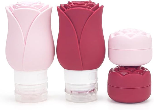 Travel Containers Bottle for Toiletry 4 Pack 3oz Leakproof TSA Approved & Refillable Mini Cream Jars, Silicone Squeeze Tube Rose Bottles for Shampoo Lotion Body Wash BPA Free +Bag, Red Pink Rose