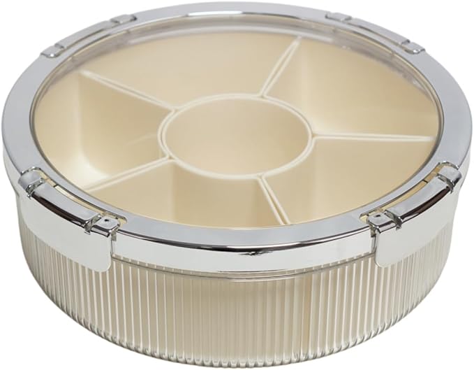 Snackle Box Container, Round Divided Serving Tray with lid 6parts for Veggie, Candy and Nuts Organizer for Travel, Party and Picnic (Cream/Silver)