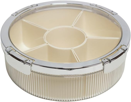 Snackle Box Container, Round Divided Serving Tray with lid 6parts for Veggie, Candy and Nuts Organizer for Travel, Party and Picnic (Cream/Silver)