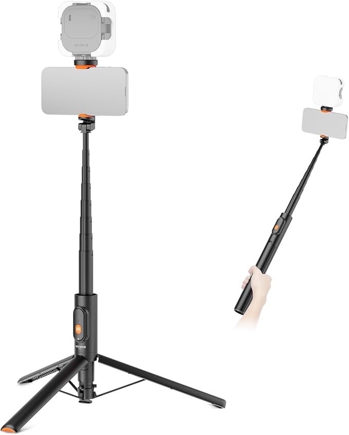 NEEWER 57.9" Selfie Stick Tripod Compatible with iPhone Samsung Android, Metal Portable Lightweight Travel Cell Phone Stand with Phone Holder Mount & Remote for Video Recording Filming, PA992 Black