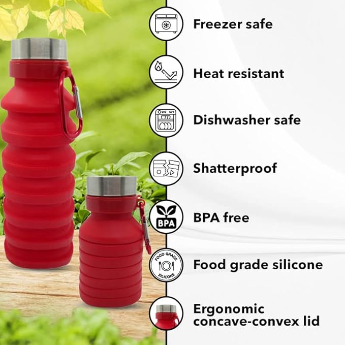 Collapsible Water Bottle (Red) Reusable, BPA Free, Silicone, Foldable Portable & Leak Proof - Water Bottles for Travel Gym Camping Hiking - Sports Water Bottle with Carabiner