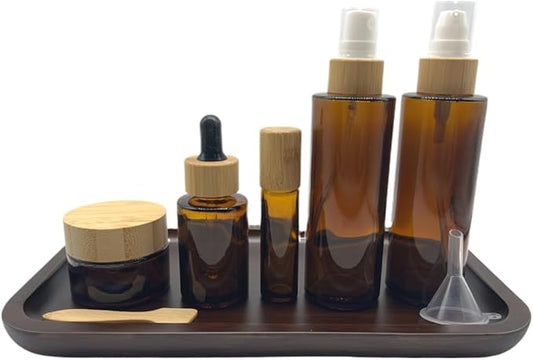 Empty Refillable Brown Glass Cosmetic Containers with Bamboo Cover - 5 Pack, Spray Bottle, Lotion Pump, Dropper, Roller Bottle, Cream Jar - Tray Included