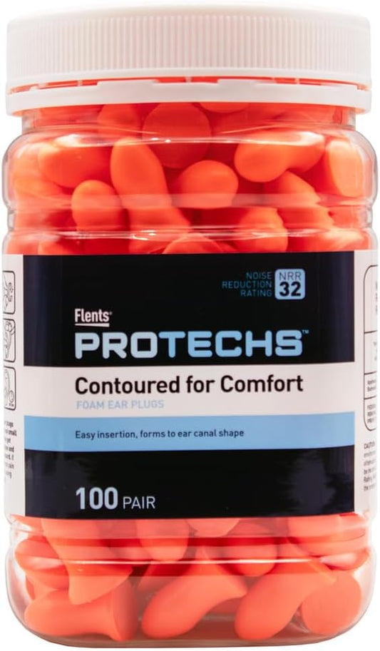 Flents Protechs Foam Ear Plugs, Contoured for Comfort, Ideal for Work with Loud Noise, Heavy Machinery, Construction, Studying & Traveling, NRR 32, Orange, Easy to Use, Made in The USA, 100 Pair