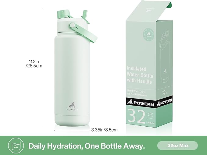 POWCAN 32 oz Insulated Water Bottle with 2-in-1 Straw and Spout Lid, Keep Cold 24H, Leak-Proof, BPA-Free, Double Wall Stainless Steel Water Bottle for Sports, Gym, Travel, and School (Mint)