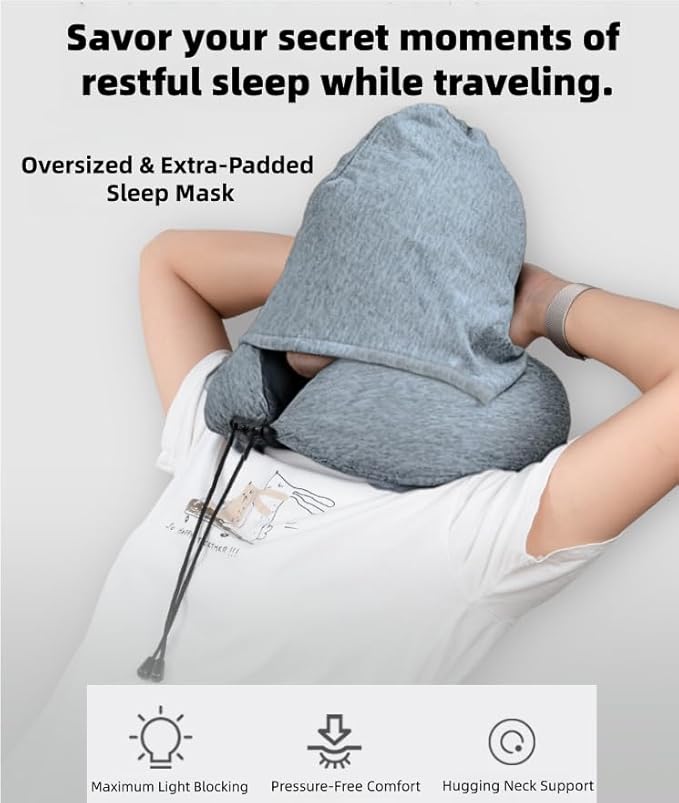 Travel Neck Pillow with Extra Large Hood Rollable Airplant Hooded Neck Pillow with Memory Foam Filling and Removable, Skin-Friendly Cover with a Carrying Pouch