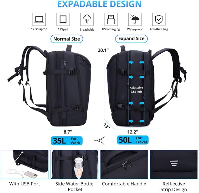 Travel Backpack for Men 50L Expandable Flight Approved Carry on Backpacks Luggage for Travel Water Resistant 17.3 inch Laptop Backpack with USB Charging Port