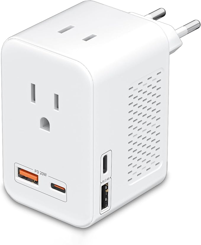220V to 110V Voltage Conversion Plug Adapter for Traveling from USA to Europe with 2 USB and 2 USBC Ports PD 20 W, 2 AC Outlets International Power Adapter