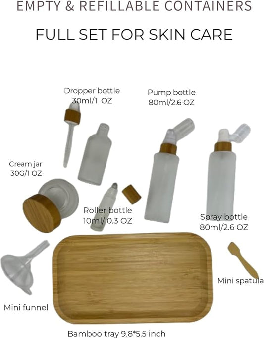 Empty Refillable Frosted Glass Cosmetic Containers with Bamboo Cover - 5 Pack, Spray Bottle, Lotion Pump, Dropper, Roller and Cream Jar for Cosmetic Storage with Tray