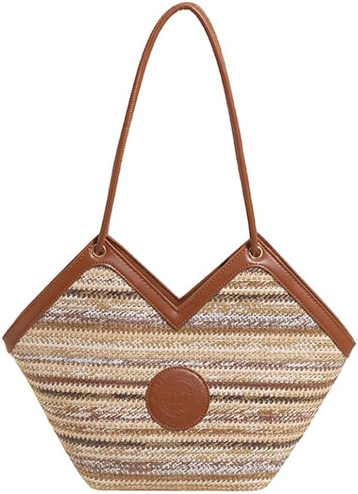 ZOCILOR Women's Straw Shoulder Tote Bag with PU Leather Trim, Large Woven Beach Handbag, Lightweight Casual Summer Purse