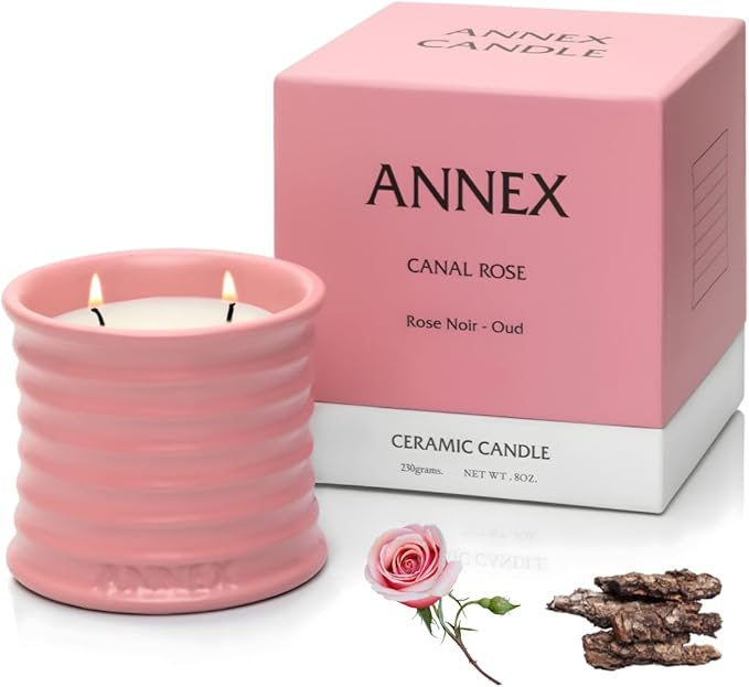Scented Luxury Candles in Handmade Ceramic Jars, Soy Wax | Canal Rose – Rose Bud & Oud Scented, Large Candle | Non Toxic, 2 Wicks, Reusable Big Pink Jar | Natural Spring Aromatherapy for Women & Men