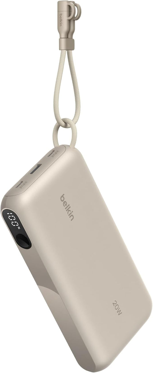 Belkin Portable Charger, USB-C Power Bank 20,000mAh w/ 2X USB-C Ports & 1x A Port, Digital Battery Display, 20W Charging for iPhone 17, Air, Pro, Samsung Galaxy S25, Pixel 10, iPad, & More - Sand