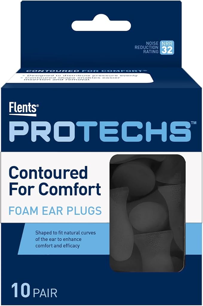 Flents Protechs Contoured for Comfort Foam Ear Plugs, Soft & Comfortable Hearing Protection for Work, Construction, Heavy Machinery, Studying, Travel & Sleep, NRR 32, Easy to Use, Black, 10 Pairs