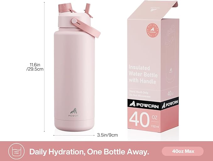 POWCAN 40 oz Insulated Water Bottle with 2-in-1 Straw and Spout Lid, Keep Cold 24H, Leak-Proof, BPA-Free, Double Wall Stainless Steel Water Bottle for Sports, Gym, Travel, and School (Cotton Candy)