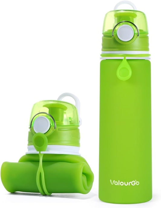 Valourgo Collapsible Water Bottle, Silicone Foldable with Leak Proof Valve BPA Free, Aqua Blue, 21 oz