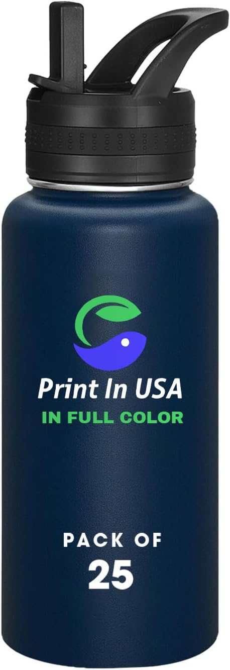 Personalized Custom Water Bottle Print in USA 32oz Stainless Steel Double Wall Coffee Cup with Lid & Straw Insulated Tumbler with Colorful Text Logo Photo 25Pcs