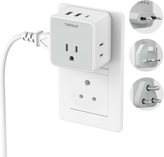 TESSAN All European UK Travel Plug Adapter Kit, International Detachable with 3 Outlet 3 USB(1 USB C), Type C/G/E/F/M EU Power Adaptor, US to Europe Greece Italy South Africa Spain Ireland
