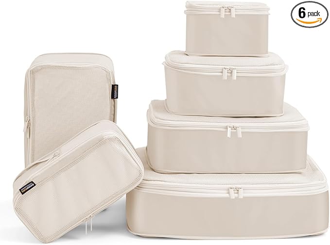 6 Set Compression Packing Cubes for Travel, Large Medium Small Luggage Organizers, Storage Bags for Clothes (6 Pack, Cream White)