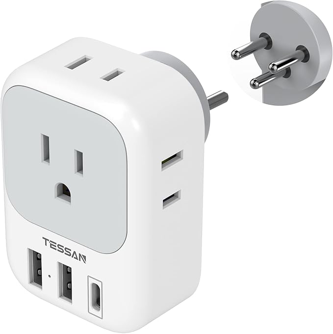 TESSAN Israel Power Adapter, US to Israel Plug Adapter with 4 American Outlets 3 USB Charger (1 USB C Port), Type H Travel Adaptor for USA to Jerusalem