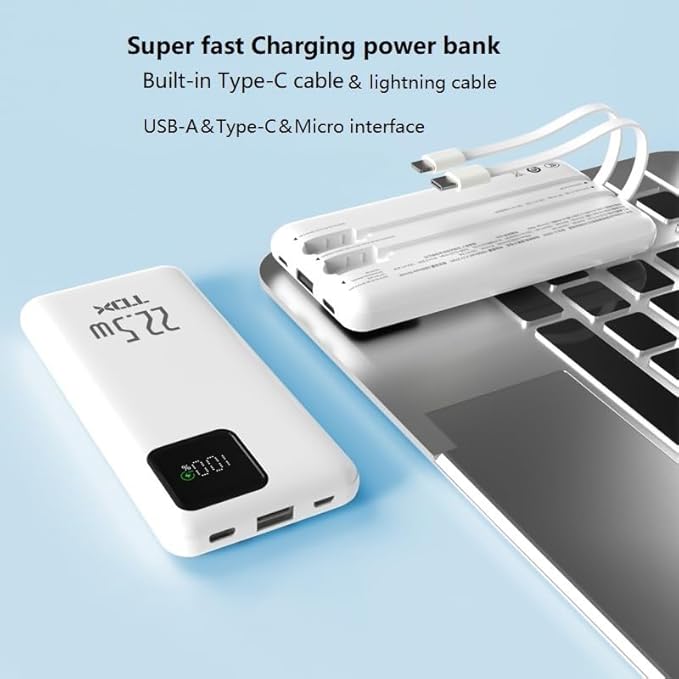 Portable Charger built-in Cables,Super fast charging Power Bank with Cords Wires,Slim 10000mAh Travel Battery Pack 4 Outputs 2 Inputs 3A Fast Charging compatible with IPhone Samsung Android (White)