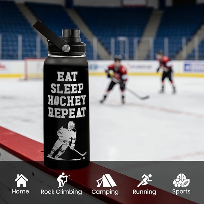 Ice Hockey Insulated Engraved Stainless Steel Water Bottle 32oz, Vacuum Chug Lid Travel Tumbler For Men Friends Hockey Lovers Fans Coaches, Gift for Birthday Christmas