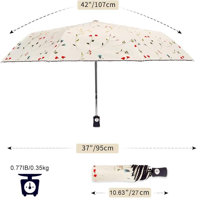 Cuby Travel Umbrella Compact Folding Auto Open and Close for Windproof, Rainproof & 99.9% UV Sun Protection Parasol with Black Anti-UV Coating (Flowers)