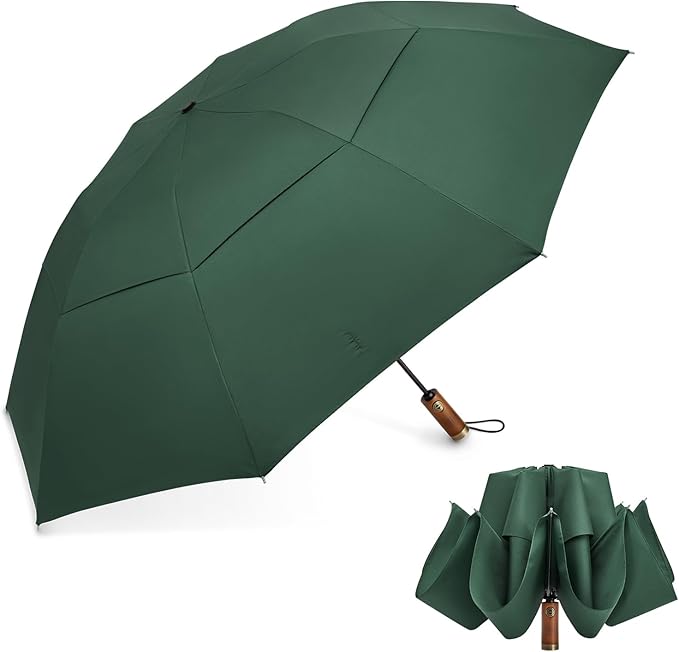 G4Free 54 Inch Inverted Windproof Umbrella with Wooden Handle, Large Double Canopy Auto Open & Close Golf Umbrella, Portable & Durable Rain Umbrella, Fits Car & Backpack