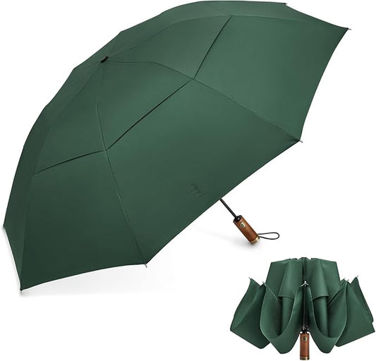 G4Free 54 Inch Inverted Windproof Umbrella with Wooden Handle, Large Double Canopy Auto Open & Close Golf Umbrella, Portable & Durable Rain Umbrella, Fits Car & Backpack