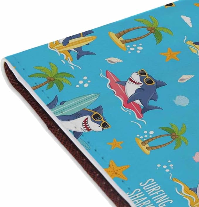 Surfer Shark Passport Holder for Travel Summer Time Surfboard PU Leather Passport Cover Wallet Cute Passport Card Holder for Women and Men