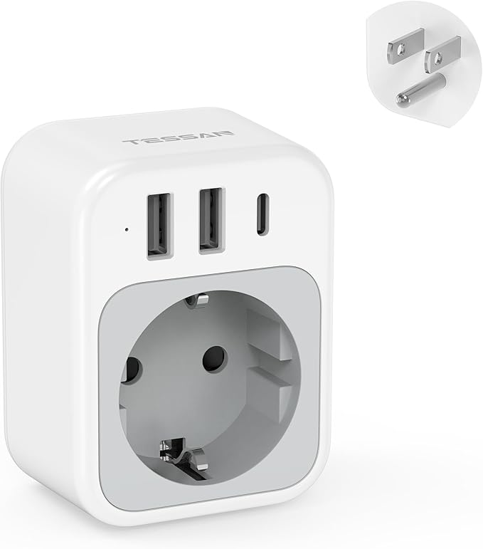 TESSAN EU to US Plug Adapter, European Travel Adaptor with 1 AC Outlet and 3 USB Ports(1 USB C), Most of Europe Germany France Korea Greece Type C/E/F Plugs to US Power Adapter