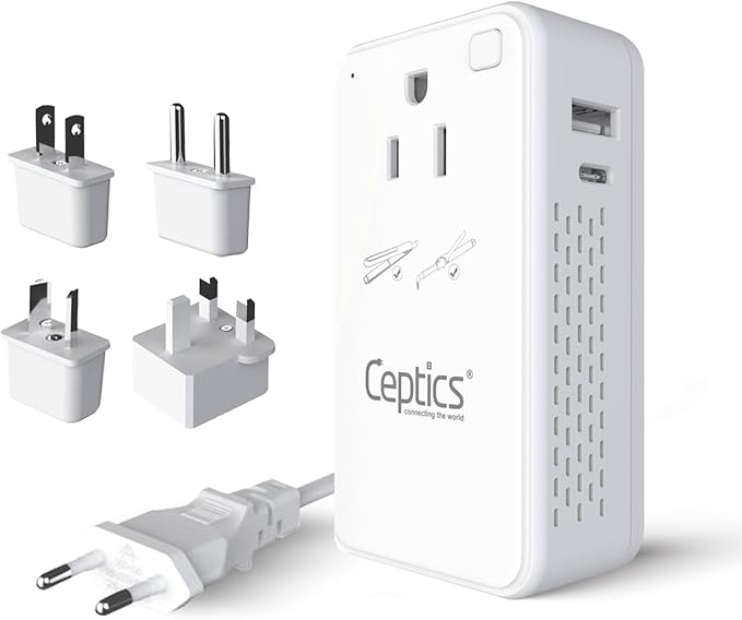 Ceptics 200W Step Down Voltage Converter - 220v to 110v Voltage Converter for Curling Iron, Straightener, Charger – USB-A & C Fast Charging – Type C Power Cord with A, G, I, E/F Plugs Included