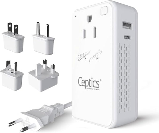 Ceptics 200W Step Down Voltage Converter - 220v to 110v Voltage Converter for Curling Iron, Straightener, Charger – USB-A & C Fast Charging – Type C Power Cord with A, G, I, E/F Plugs Included