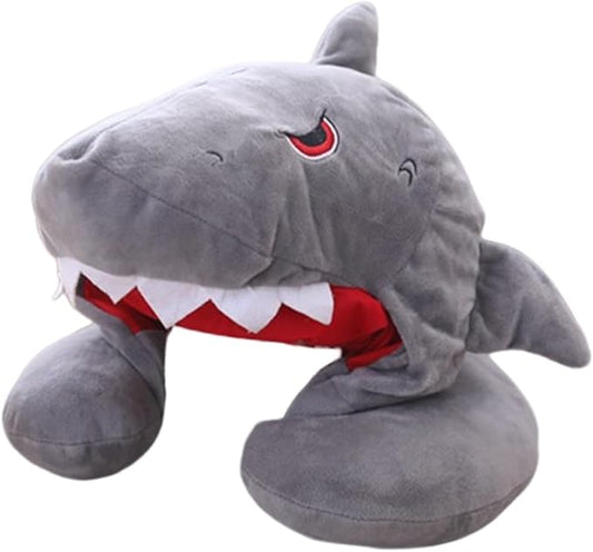 Cartoon Shark Animal Neck Pillow with Hood, U Shaped Soft Travel Airplane Neck Pillows, Office Neck Pillow, Anime Neck Pillows, Portable & Washable for Flights