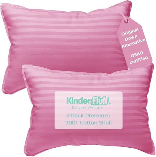 kinder Fluff Children Pillows (2pk) 17x26in- The only Pillow for Kids 300T Cotton Shell & Down Alternative Fill - Machine Washable, Ideal Pillow for Kids Above 12 Years- Pink- XL