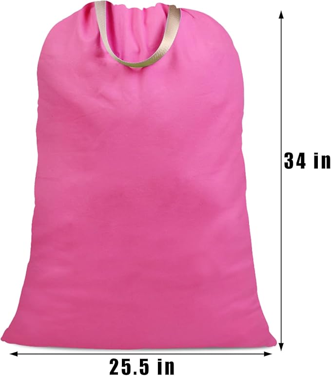 Cotton Canvas Laundry Bag with Handles & Drawstring Straps, Heavy Duty Extra Large Laundry Bags for Laundromat and Household, 25.5x34 Inch, Hot Pink