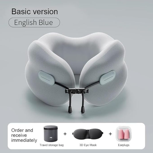 Ultra-Soft Travel Neck Pillow, Ergonomic Design with Contoured Shape, Breathable Fabric,Internal Structure，Travel Blanket Airplane Compact with Bag，Airplane Essentials (English Blue)