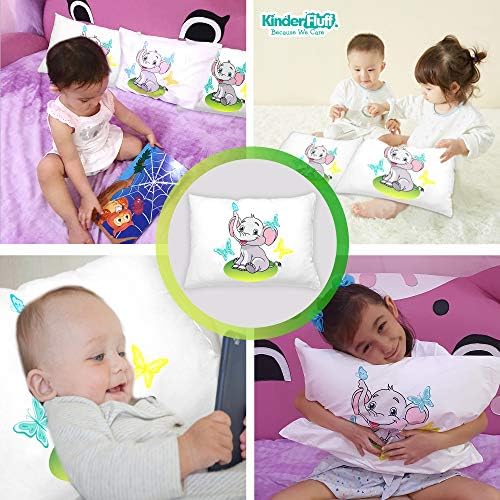 kinder Fluff Child Pillow with Pillowcase 13x18in- 233T Cotton Shell & Down Alternative Fill - Ideal for Travel, Bedding Set & Floor Cushions -White Pillow with Pillowcase Elephant Design