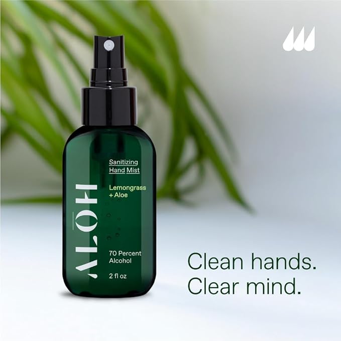 ALOH Hand Sanitizer Spray Liquid 3-pack | Lemongrass | 70% Alcohol Hydrating Hand Sanitizer Spray with Essential Oil, for Kids & Adults | 2oz Travel Size Bottle