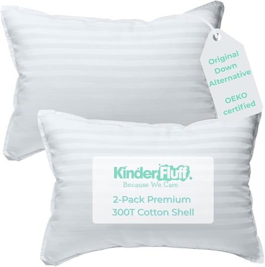 kinder Fluff Toddler Pillows (2pk) 13x18in- The only Pillow for Kids 300T Cotton Shell & Down Alternative Fill - Machine Washable, Ideal Cushion for Kids Above 2 Years - White- S