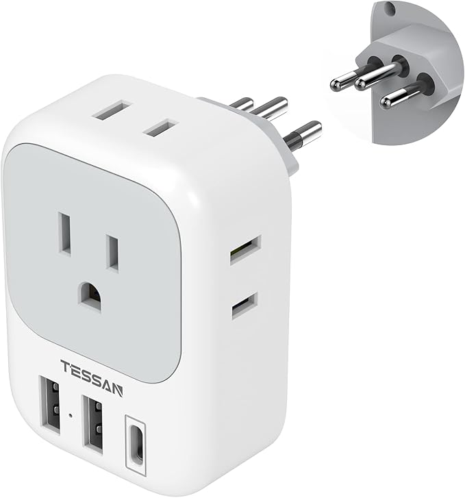 TESSAN Brazil Power Adapter, US to Brazil Travel Plug with 4 American Outlets 3 USB Charger (1 USB C Port), Type N Adaptor for USA to Brazilian Brasil
