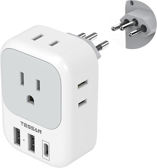 TESSAN Brazil Power Adapter, US to Brazil Travel Plug with 4 American Outlets 3 USB Charger (1 USB C Port), Type N Adaptor for USA to Brazilian Brasil