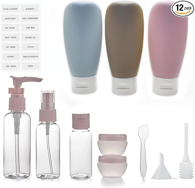 12 Pack Travel Bottles Set for Toiletries TSA Approved Travel Size Containers for Toiletries with Labels BPA Free Leakproof Squeezable Refillable Airplane Travel Accessories for Shampoo Conditioner