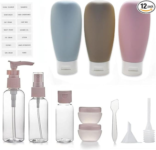 12 Pack Travel Bottles Set for Toiletries TSA Approved Travel Size Containers for Toiletries with Labels BPA Free Leakproof Squeezable Refillable Airplane Travel Accessories for Shampoo Conditioner