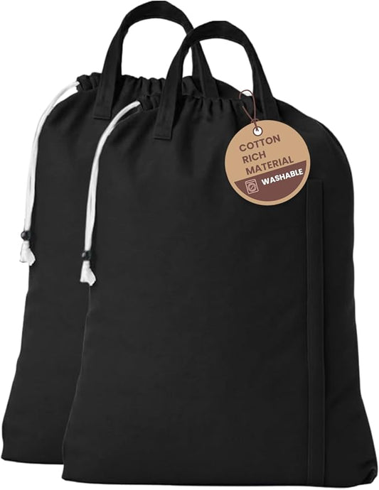 LFH Home Large Premium Cotton Canvas Laundry Bag with Drawstring and Handles Heavy Duty, Multi-Use, and Washable for Home, Travel, College or Storage 20x30 (Pack of 2)-Black