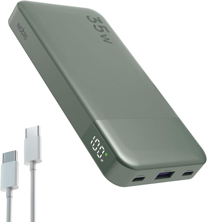 NOBIS Portable Charger, 10000mAh Power Bank Fast Charging, Battery Pack with C to C Cable, Battery Bank with Digital Display for iPhone iPad Android etc (Green, 35W)