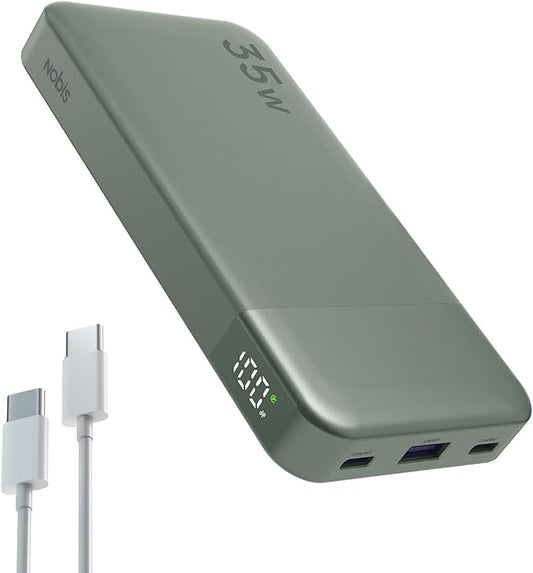 NOBIS Portable Charger, 10000mAh Power Bank Fast Charging, Battery Pack with C to C Cable, Battery Bank with Digital Display for iPhone iPad Android etc (Green, 35W)
