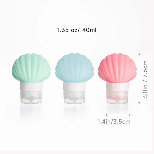 Leak Proof Squeezable Silicone Travel Bottles, Reusable, Refillable Bottles, Shell Shape, Sustainable, TSA Carry On Approved Toiletries Containers, 3pcs (1.35oz/40ml)